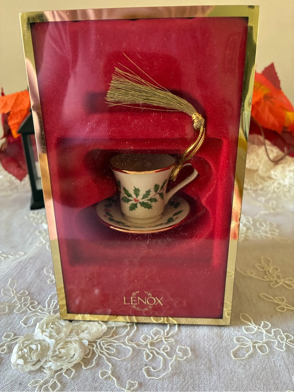 Lenox White Teacup & Saucer Ornament with Holly and Gold Trim